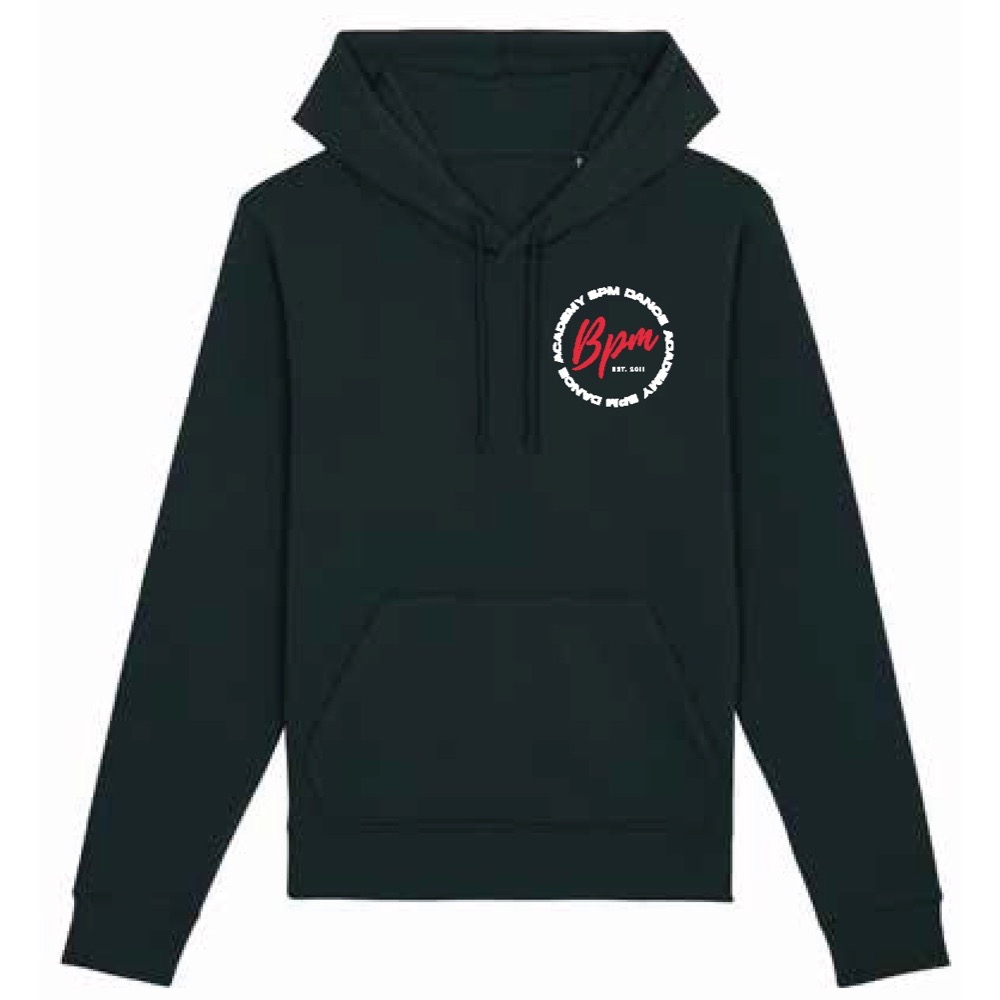 The front of the black BPM hoody, with the round BPM Dance Academy logo on the chest